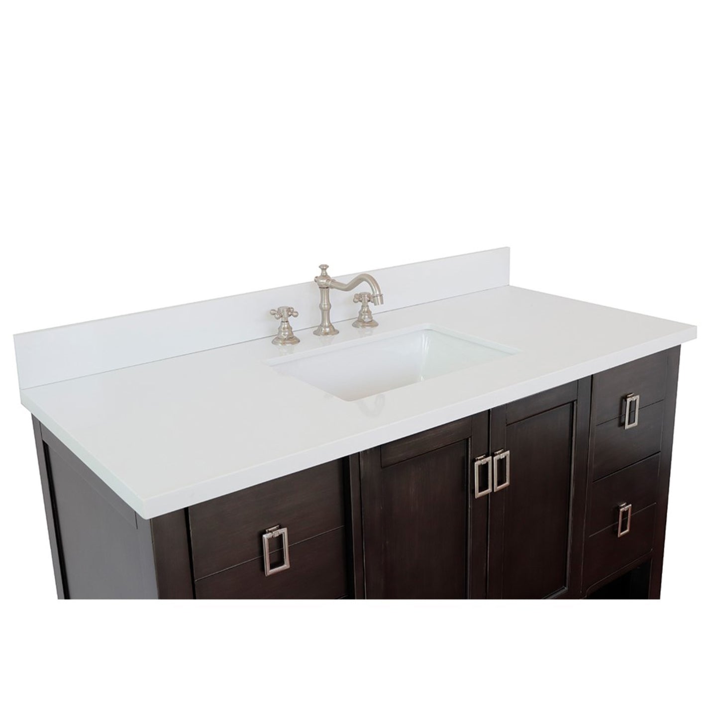 49" Single vanity in Silvery Brown finish with White engineered stone top and rectangle sink