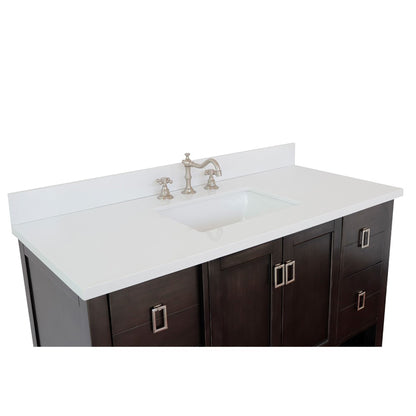 49" Single vanity in Silvery Brown finish with White engineered stone top and rectangle sink