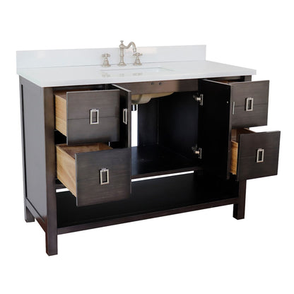 49" Single vanity in Silvery Brown finish with White engineered stone top and rectangle sink