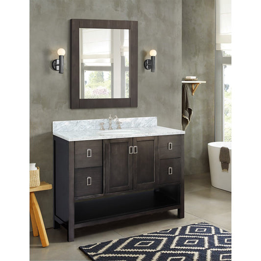 49" Single vanity in Silvery Brown finish with White Carrara top and oval sink