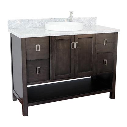 49" Single vanity in Silvery Brown finish with White Carrara top and round sink