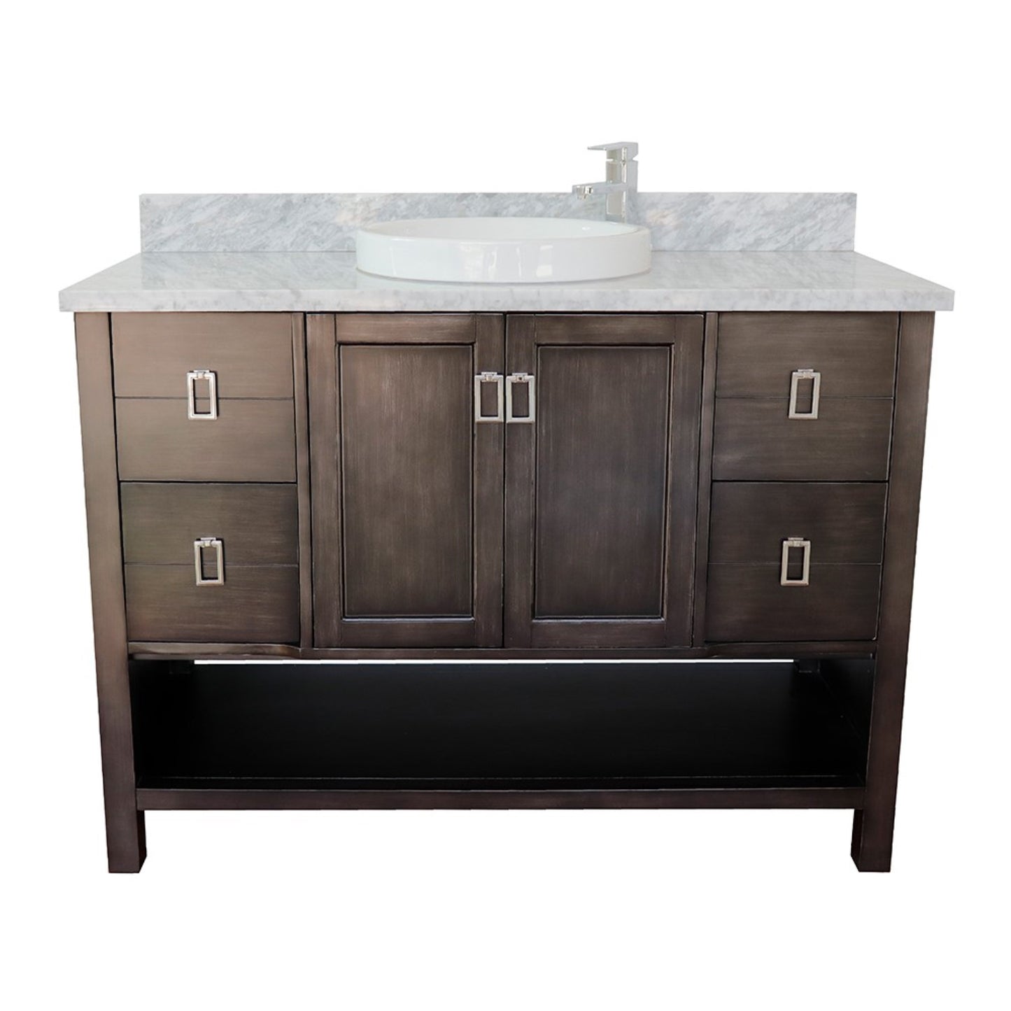 49" Single vanity in Silvery Brown finish with White Carrara top and round sink
