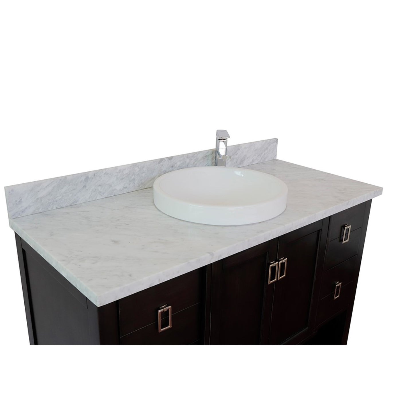 49" Single vanity in Silvery Brown finish with White Carrara top and round sink