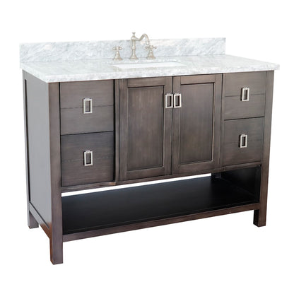 49" Single vanity in Silvery Brown finish with White Carrara top and rectangle sink