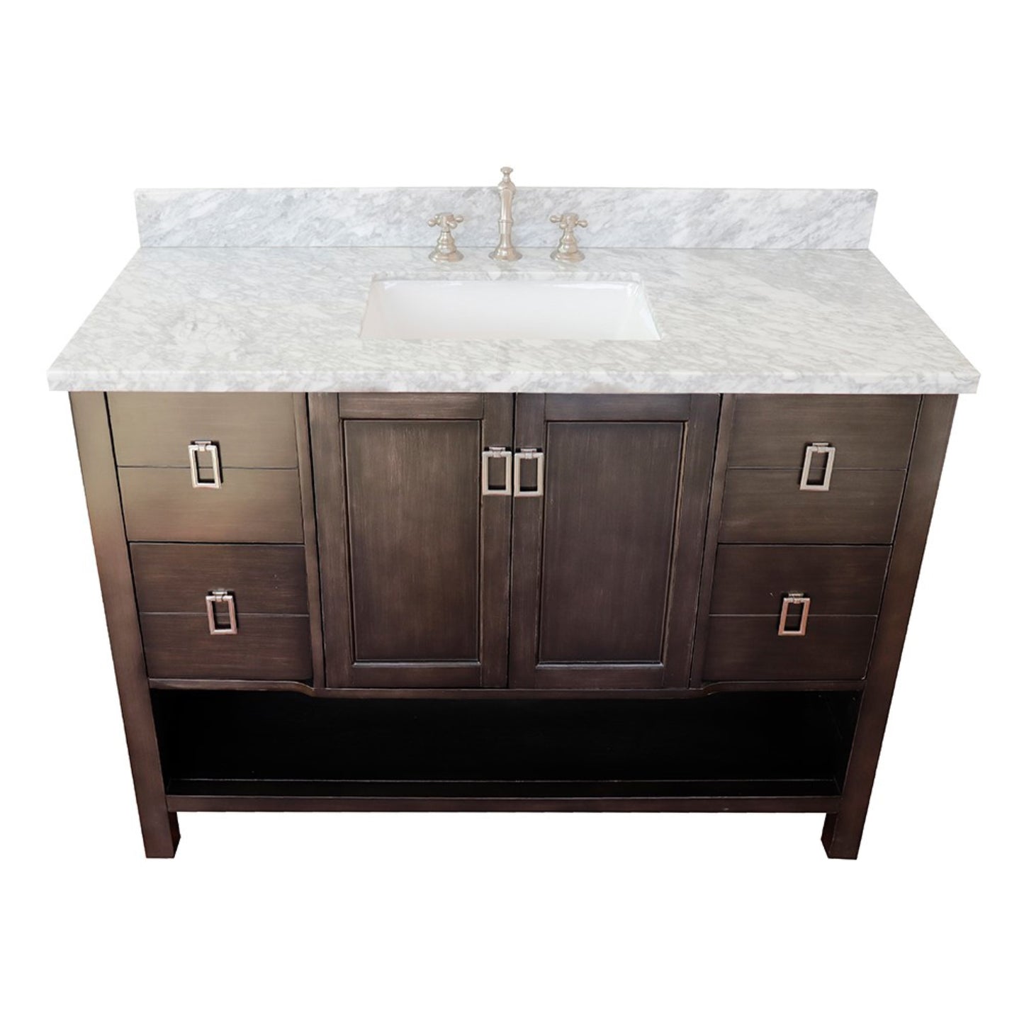 49" Single vanity in Silvery Brown finish with White Carrara top and rectangle sink