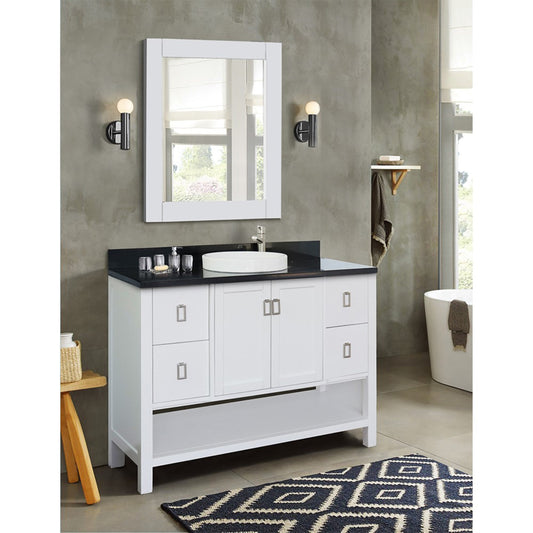 49" Single vanity in White finish with Black Galaxy top and round sink
