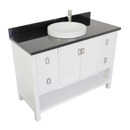49" Single vanity in White finish with Black Galaxy top and round sink