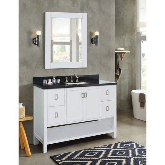 49" Single vanity in White finish with Black Galaxy top and rectangle sink