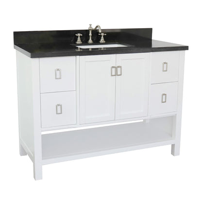 49" Single vanity in White finish with Black Galaxy top and rectangle sink