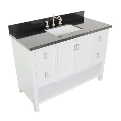 49" Single vanity in White finish with Black Galaxy top and rectangle sink