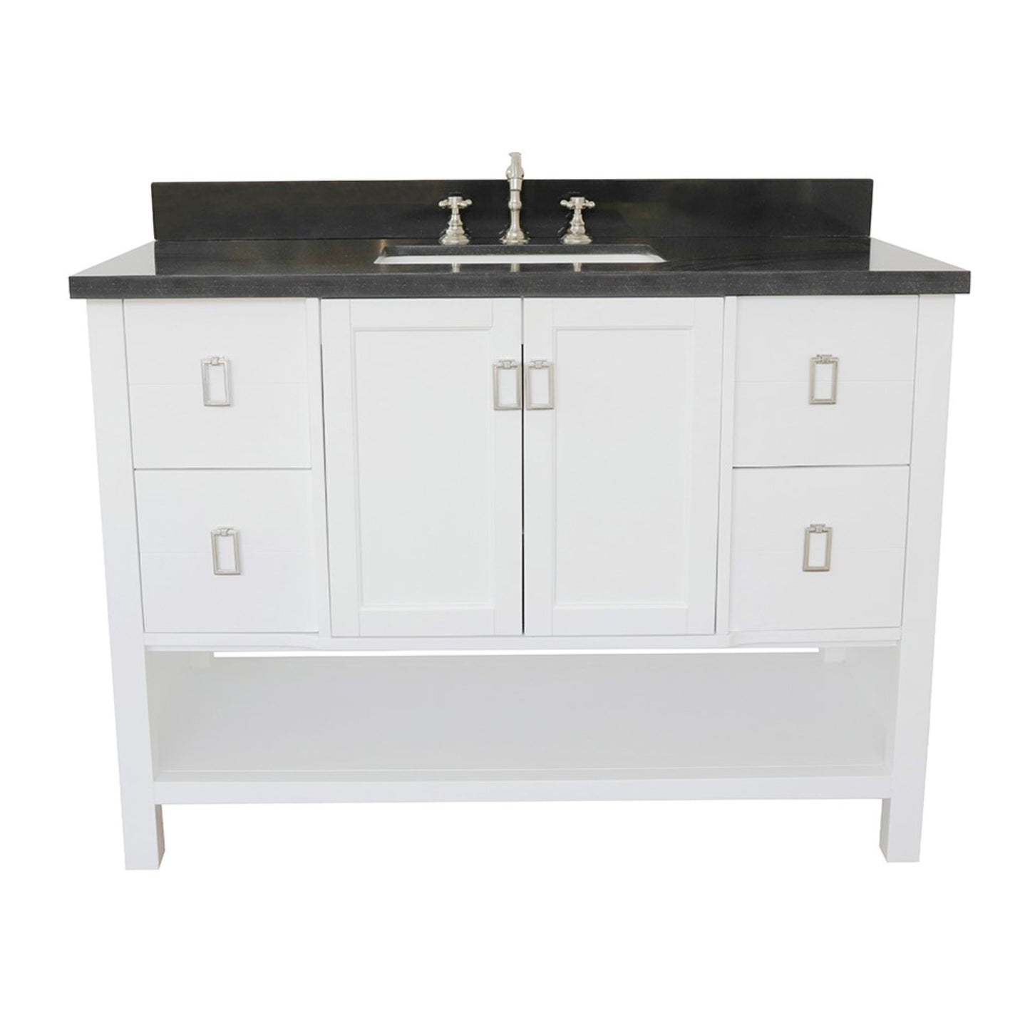 49" Single vanity in White finish with Black Galaxy top and rectangle sink