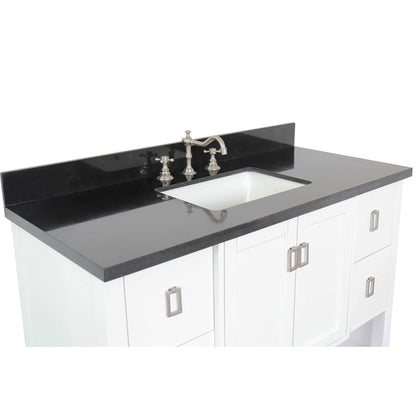 49" Single vanity in White finish with Black Galaxy top and rectangle sink