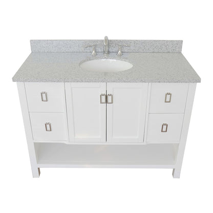 49" Single vanity in White finish with Gray granite top and oval sink