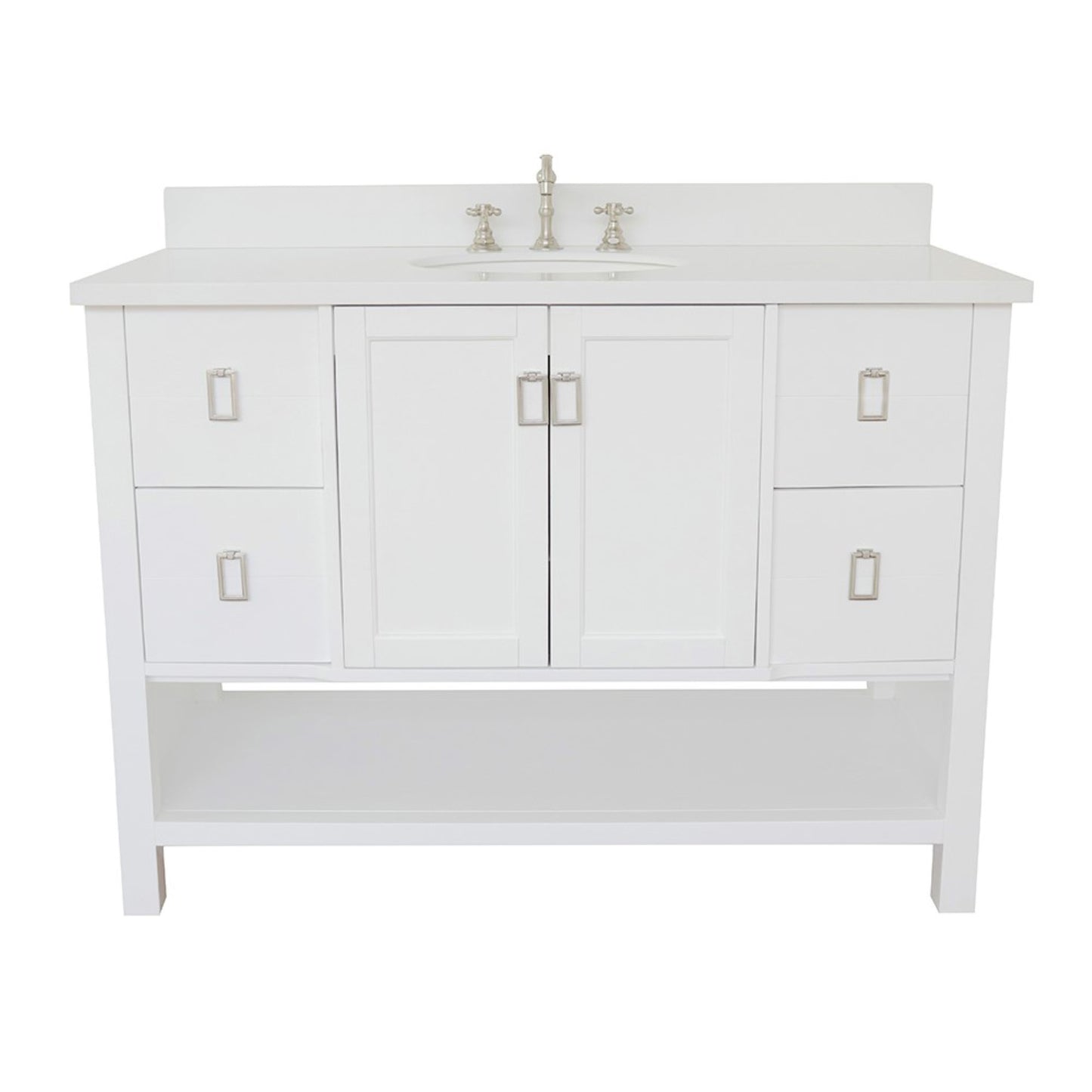 49" Single vanity in White finish with White engineered stone top and oval sink