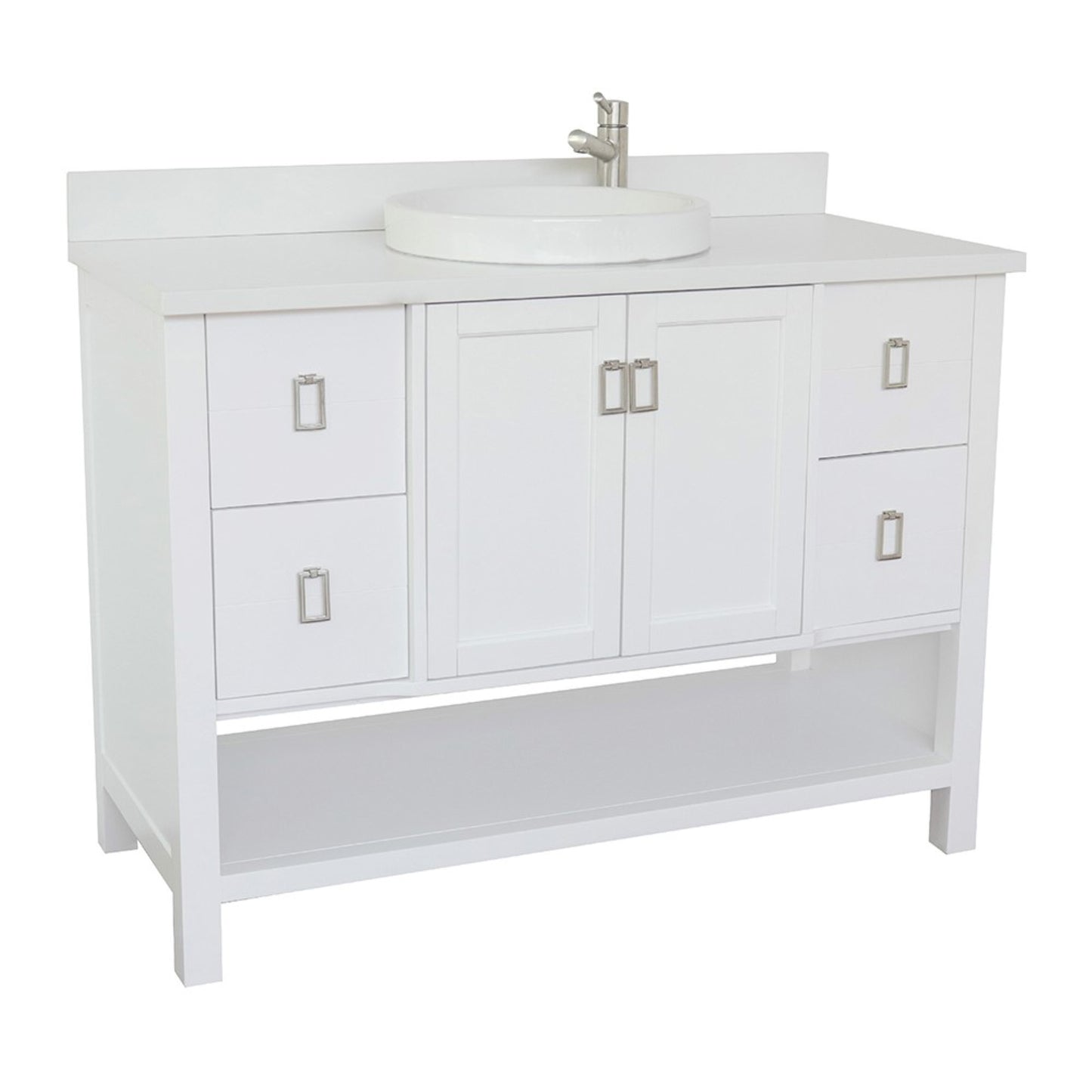 49" Single vanity in White finish with White engineered stone top and round sink