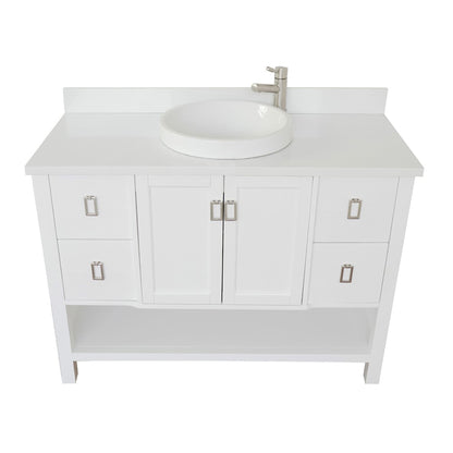 49" Single vanity in White finish with White engineered stone top and round sink
