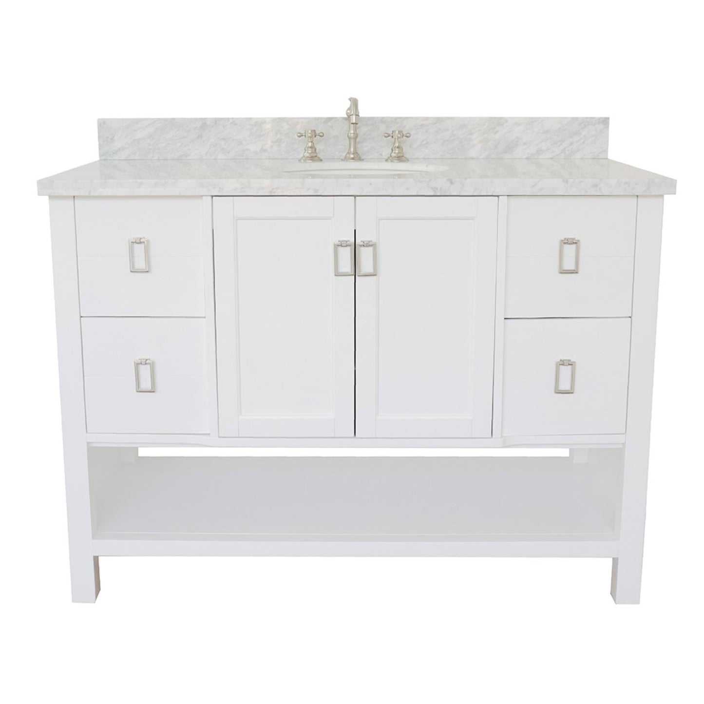 49" Single vanity in White finish with White Carrara top and oval sink