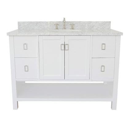 49" Single vanity in White finish with White Carrara top and oval sink