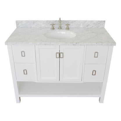 49" Single vanity in White finish with White Carrara top and oval sink