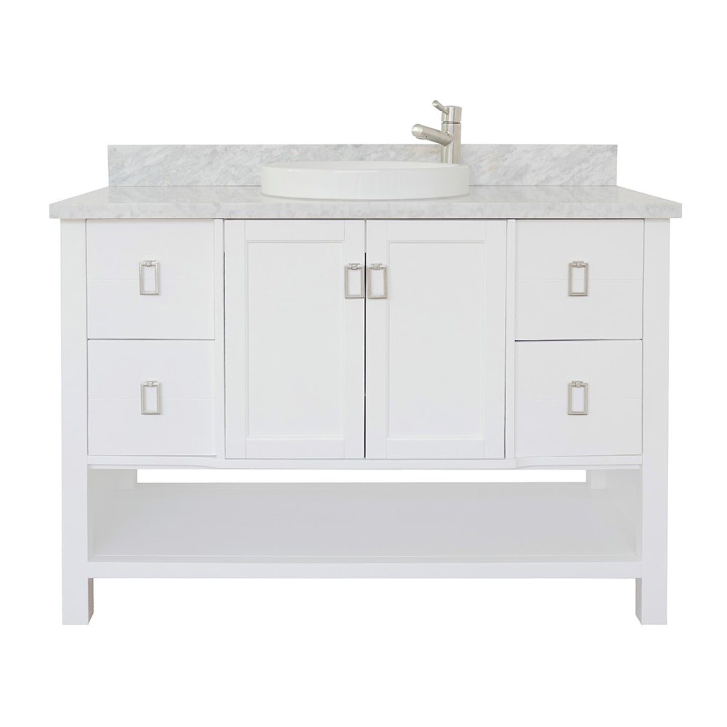 49" Single vanity in White finish with White Carrara top and round sink