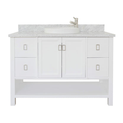 49" Single vanity in White finish with White Carrara top and round sink