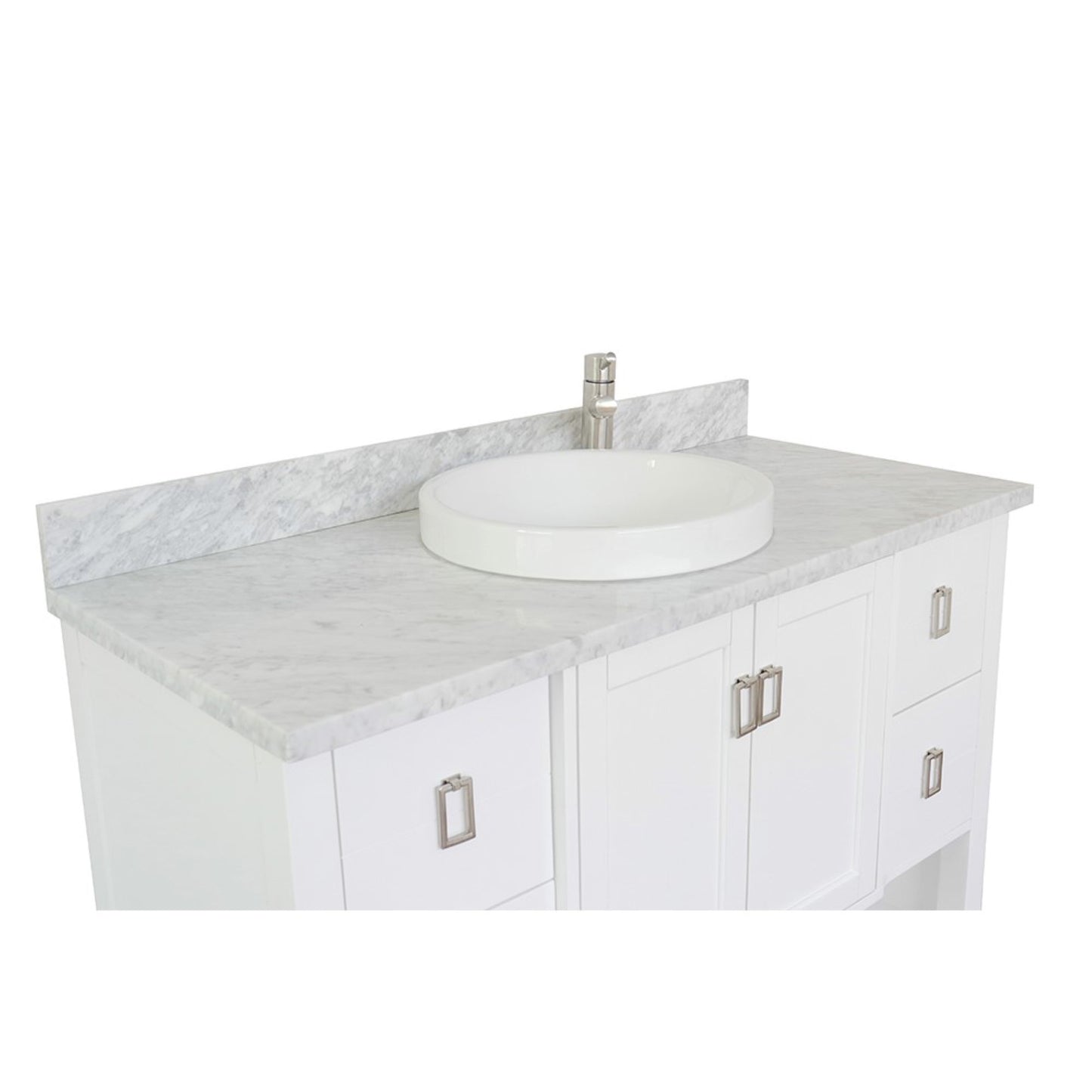 49" Single vanity in White finish with White Carrara top and round sink