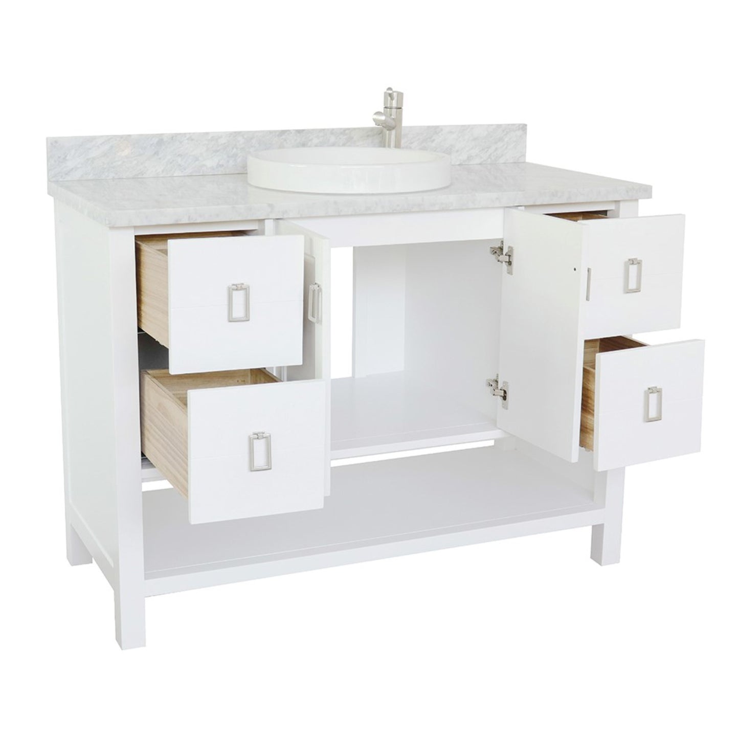 49" Single vanity in White finish with White Carrara top and round sink