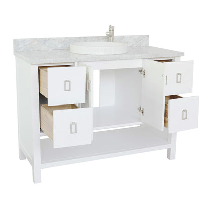 49" Single vanity in White finish with White Carrara top and round sink