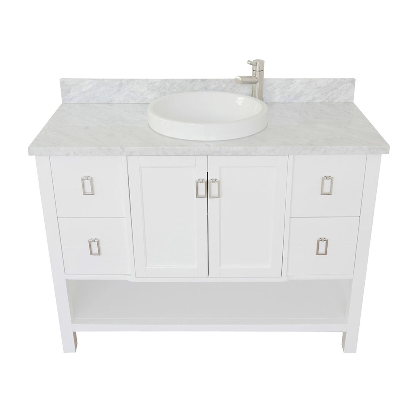 49" Single vanity in White finish with White Carrara top and round sink