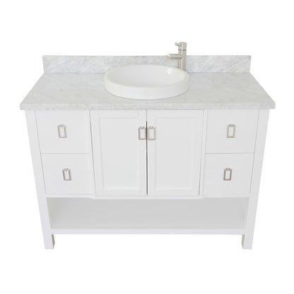 49" Single vanity in White finish with White Carrara top and round sink
