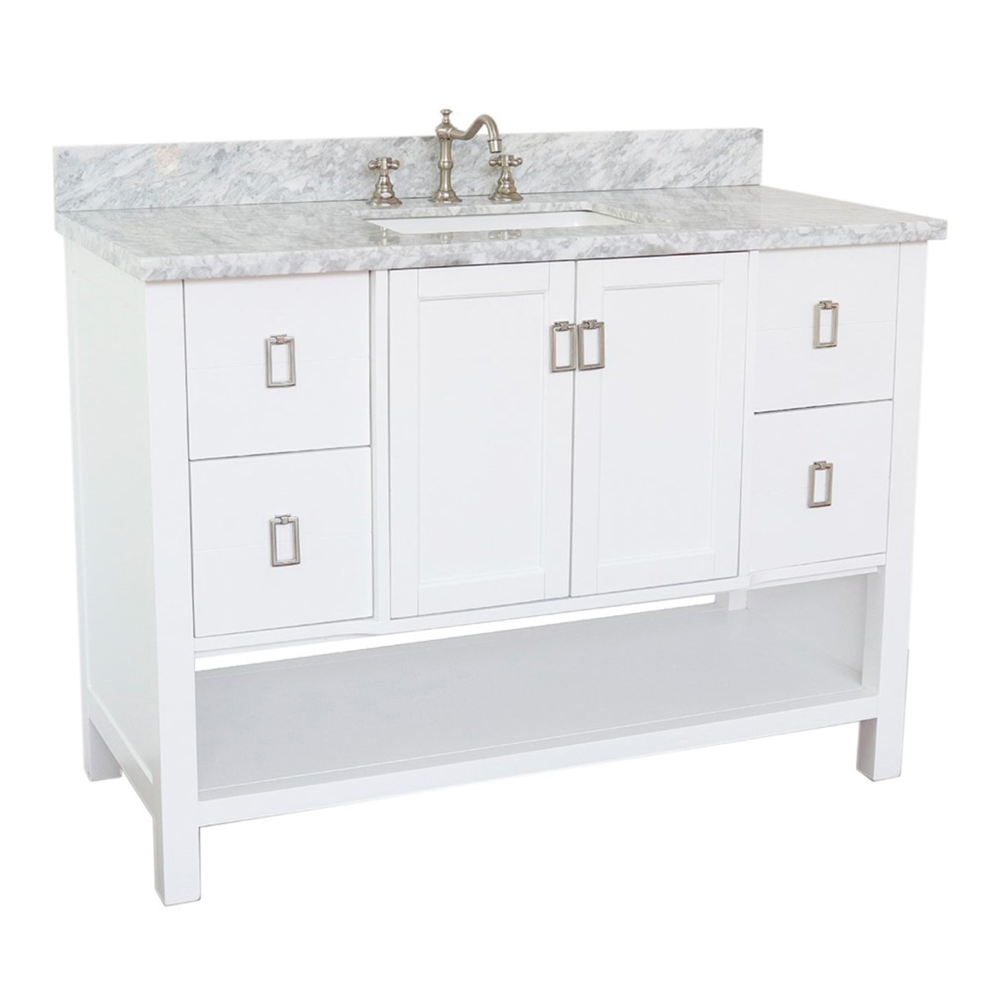 49" Single vanity in White finish with White Carrara top and rectangle sink