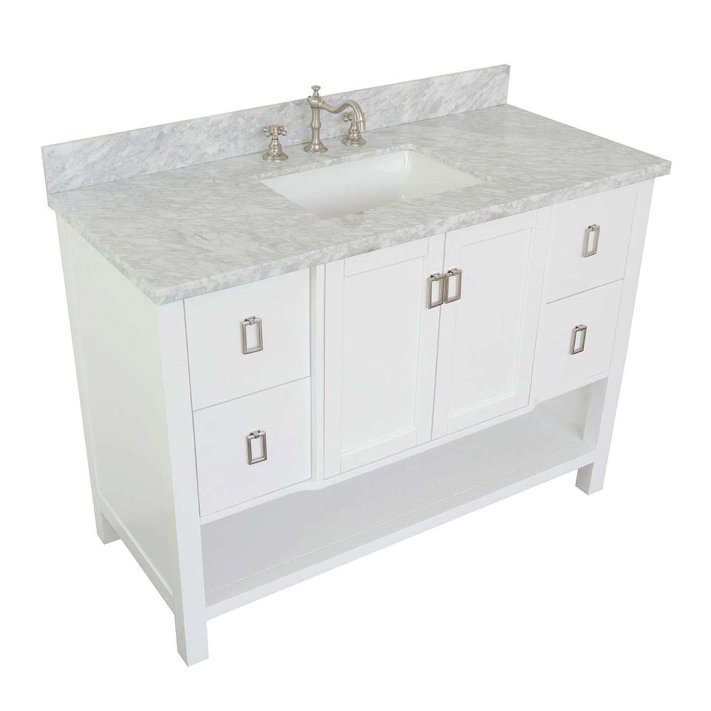 49" Single vanity in White finish with White Carrara top and rectangle sink