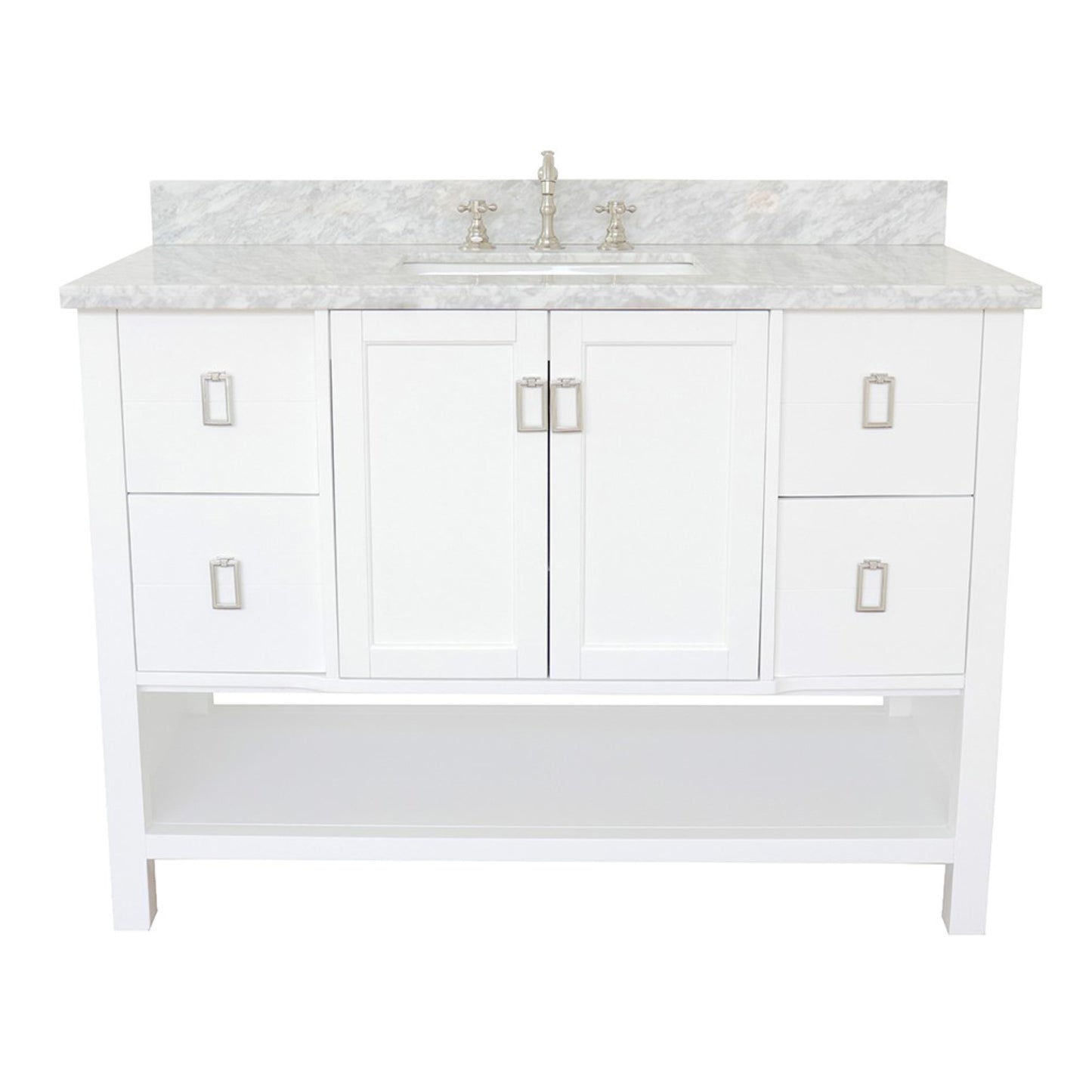 49" Single vanity in White finish with White Carrara top and rectangle sink