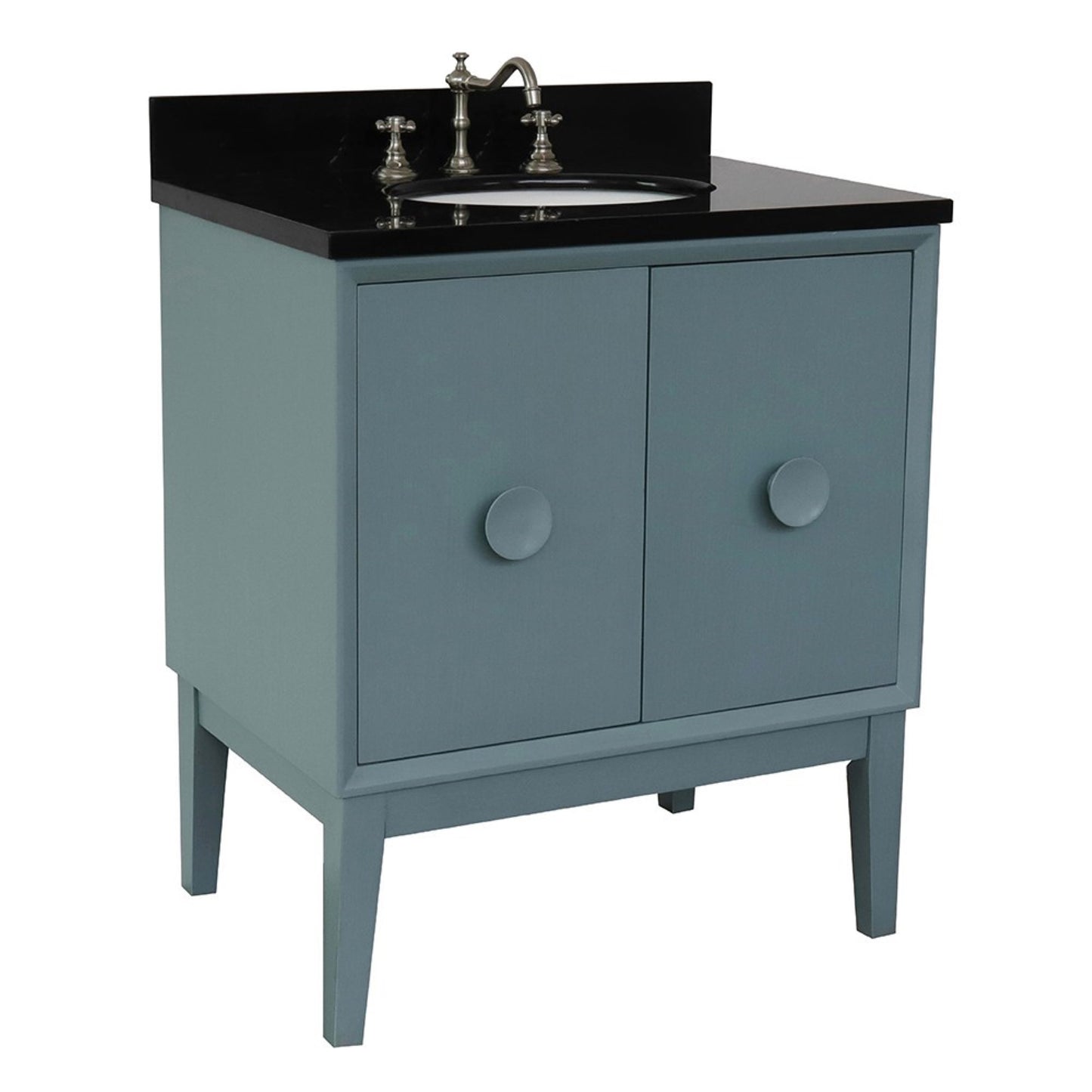 31" Single vanity in Aqua Blue finish with Black Galaxy top and oval sink