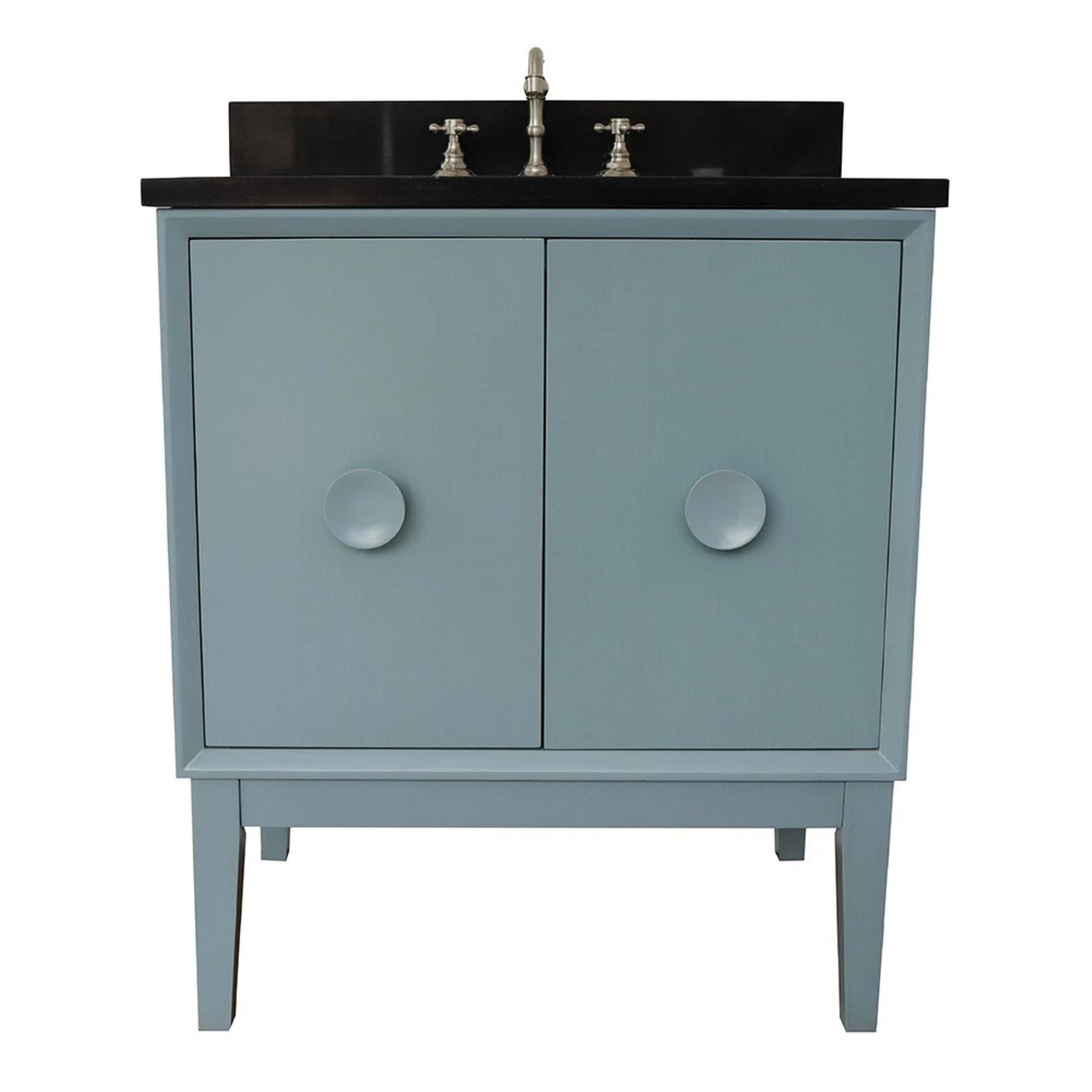31" Single vanity in Aqua Blue finish with Black Galaxy top and oval sink