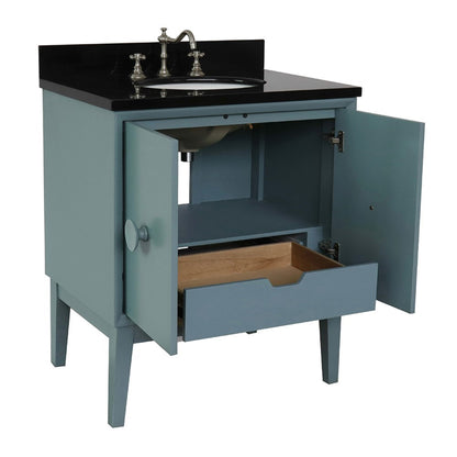31" Single vanity in Aqua Blue finish with Black Galaxy top and oval sink