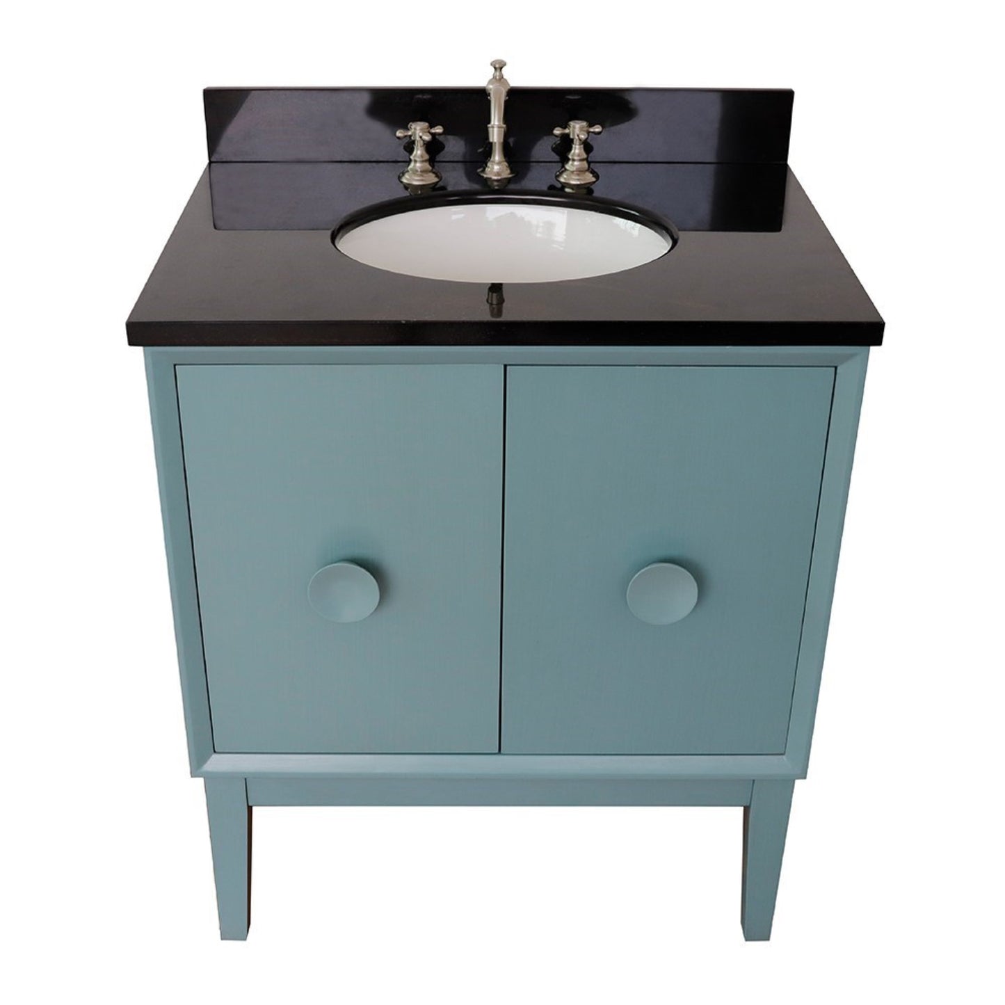 31" Single vanity in Aqua Blue finish with Black Galaxy top and oval sink