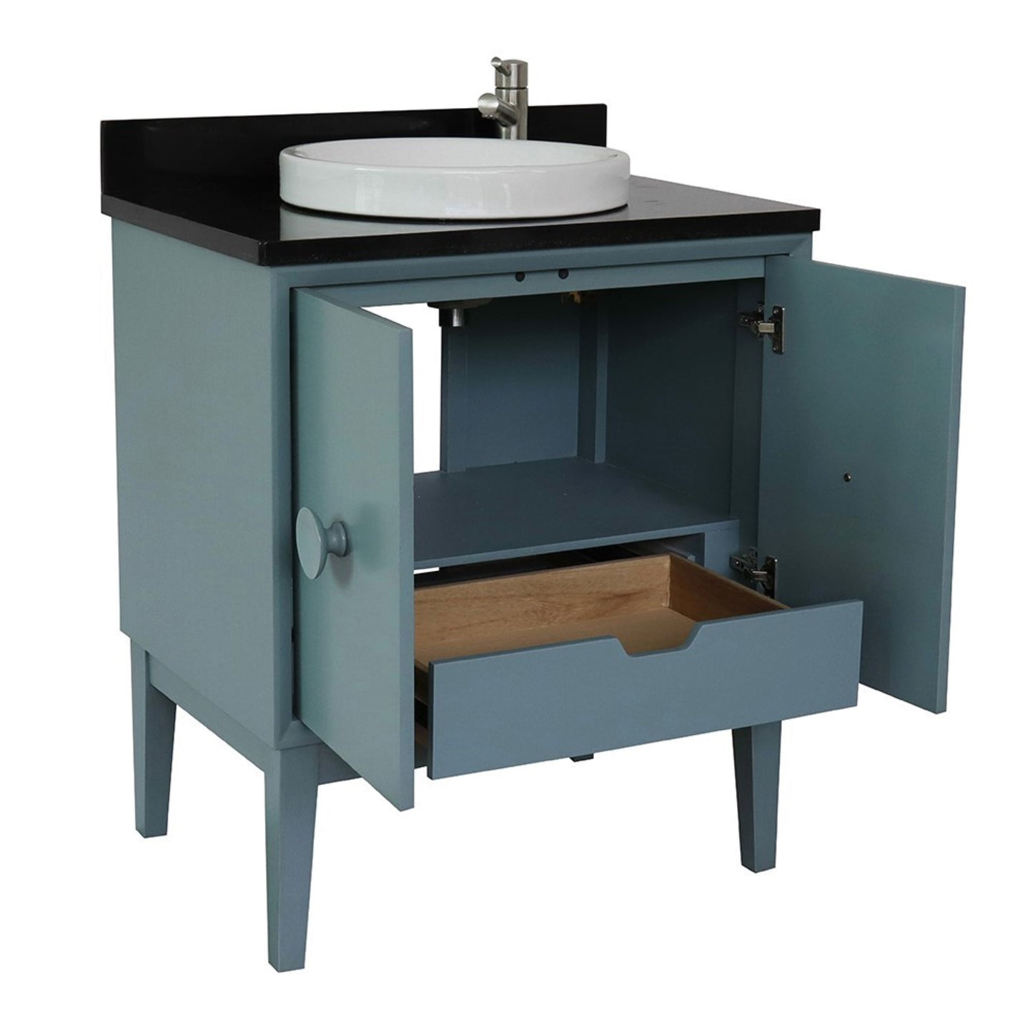 31" Single vanity in Aqua Blue finish with Black Galaxy top and round sink