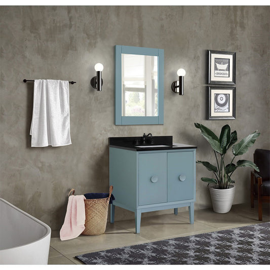 31" Single vanity in Aqua Blue finish with Black Galaxy top and rectangle sink