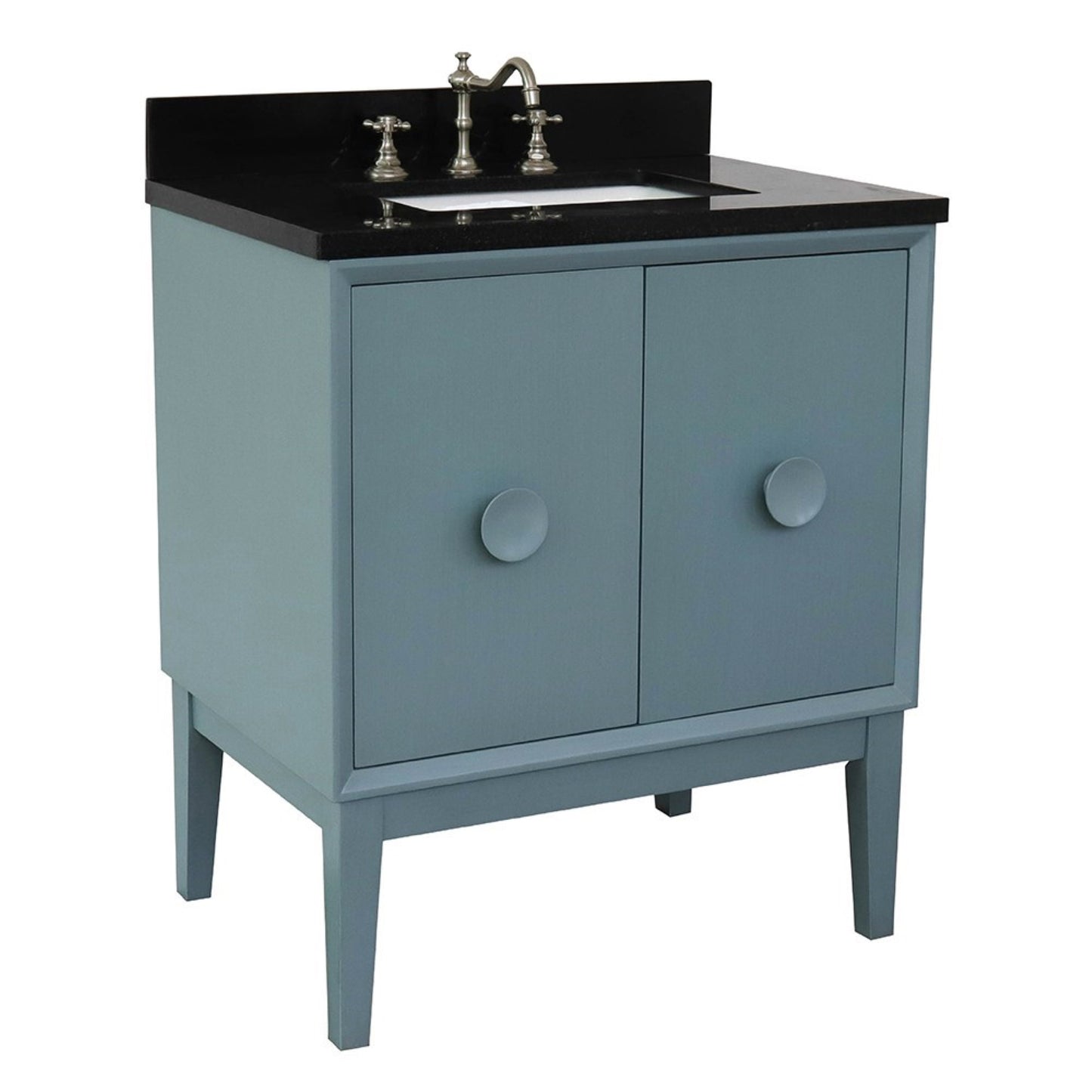 31" Single vanity in Aqua Blue finish with Black Galaxy top and rectangle sink