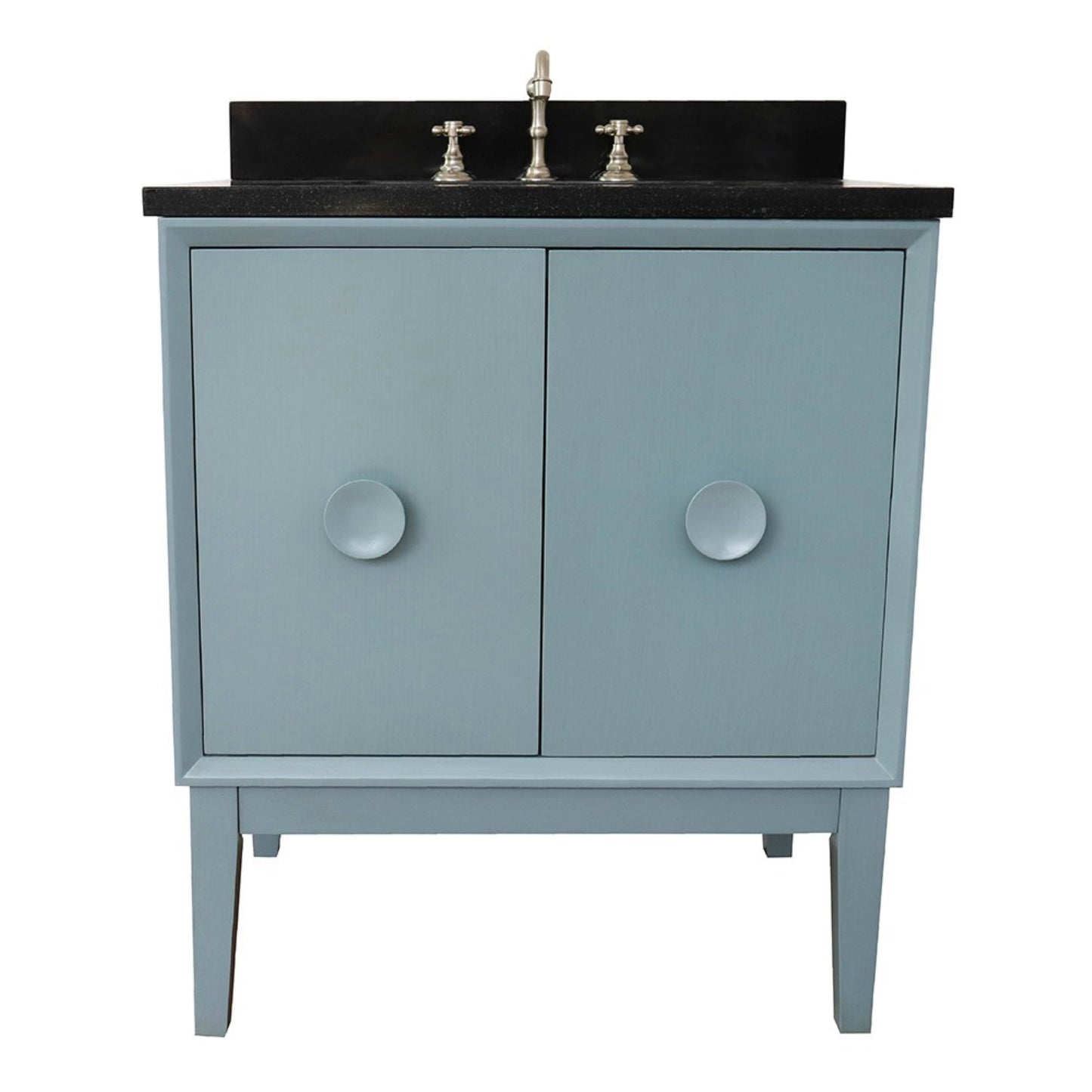 31" Single vanity in Aqua Blue finish with Black Galaxy top and rectangle sink
