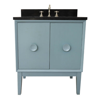 31" Single vanity in Aqua Blue finish with Black Galaxy top and rectangle sink