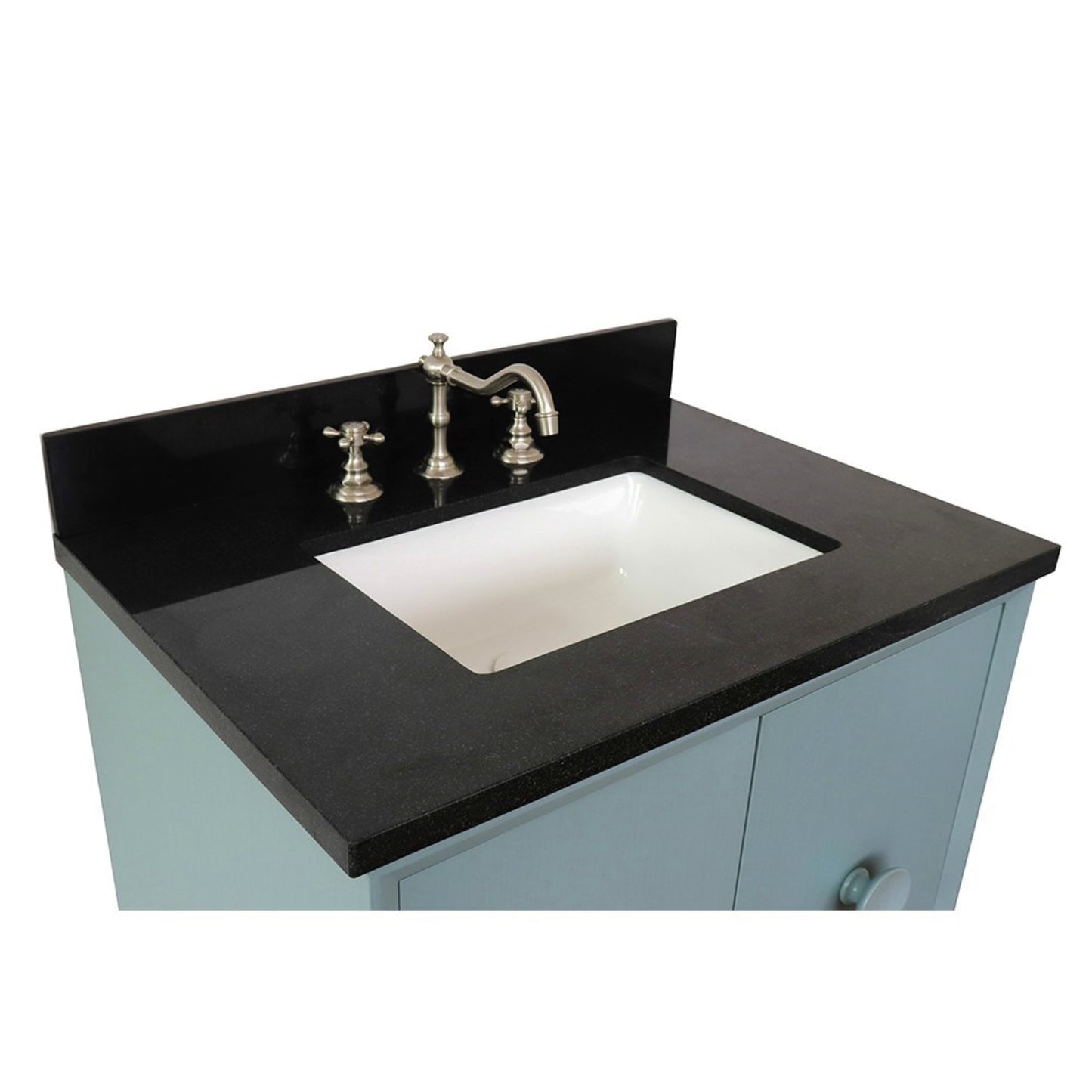 31" Single vanity in Aqua Blue finish with Black Galaxy top and rectangle sink
