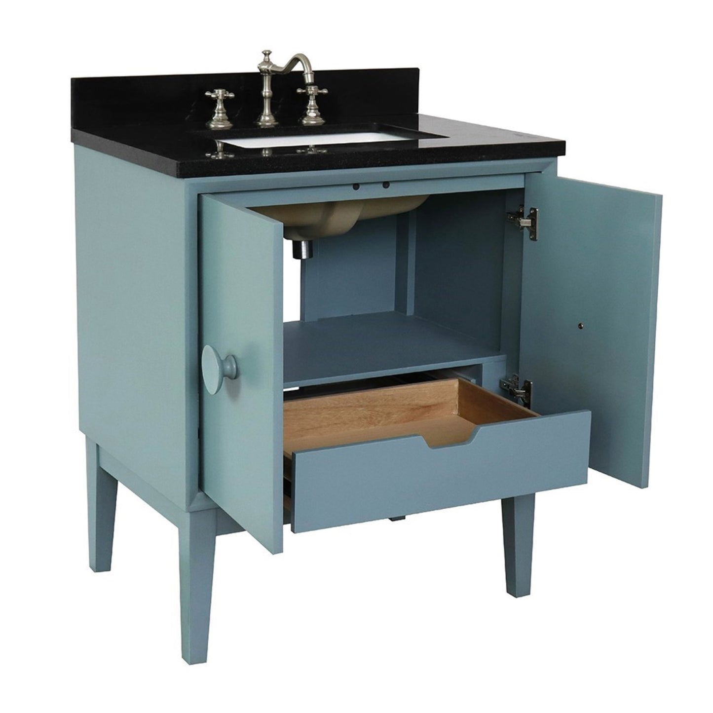 31" Single vanity in Aqua Blue finish with Black Galaxy top and rectangle sink