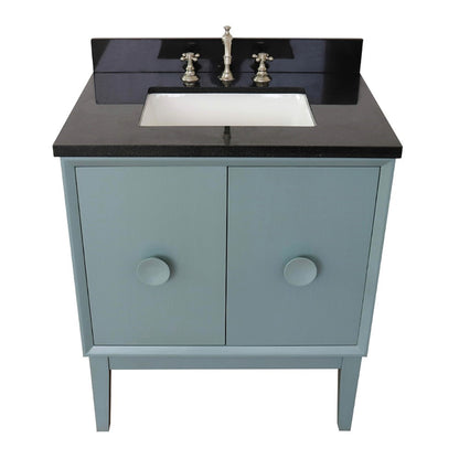 31" Single vanity in Aqua Blue finish with Black Galaxy top and rectangle sink