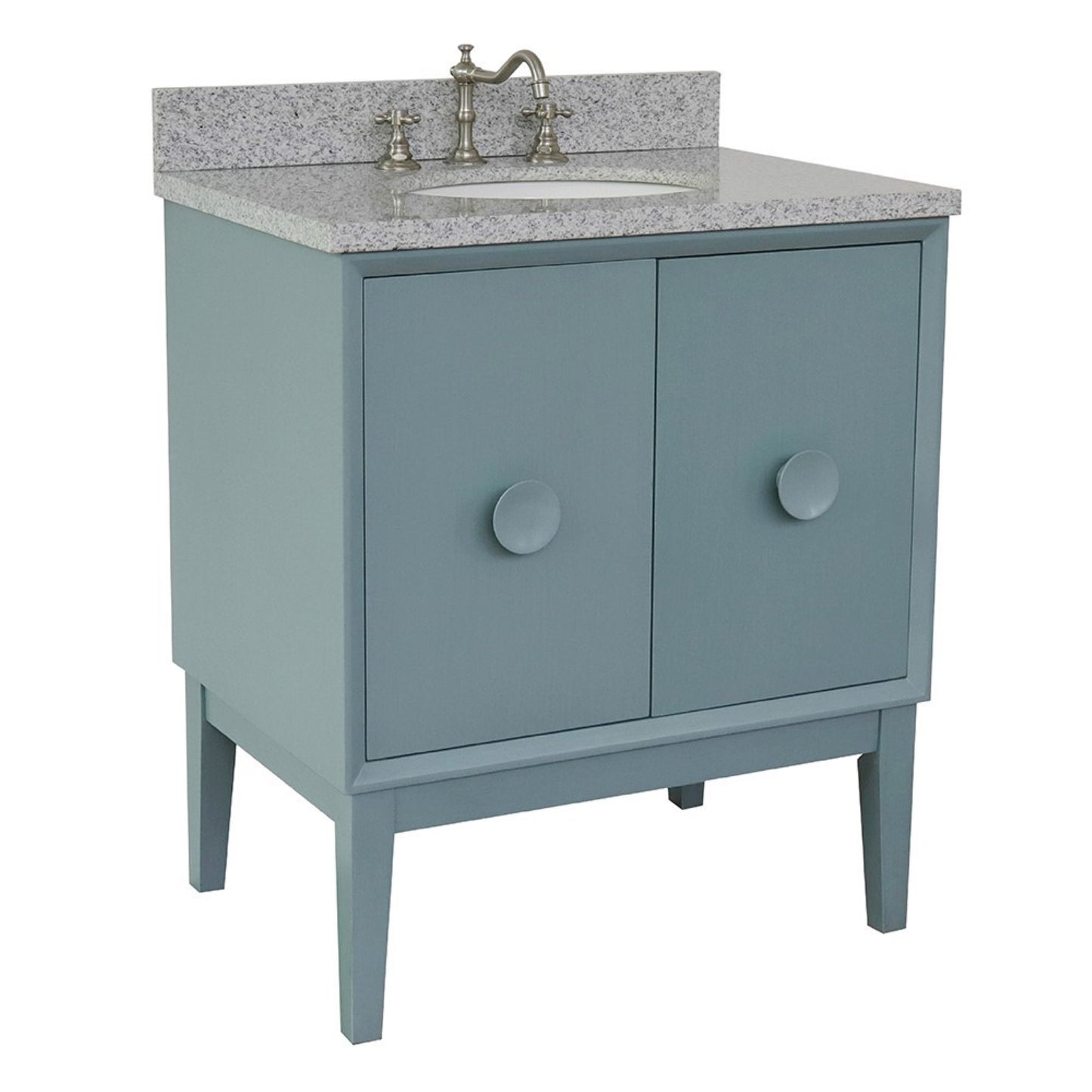 31" Single vanity in Aqua Blue finish with Gray granite top and oval sink