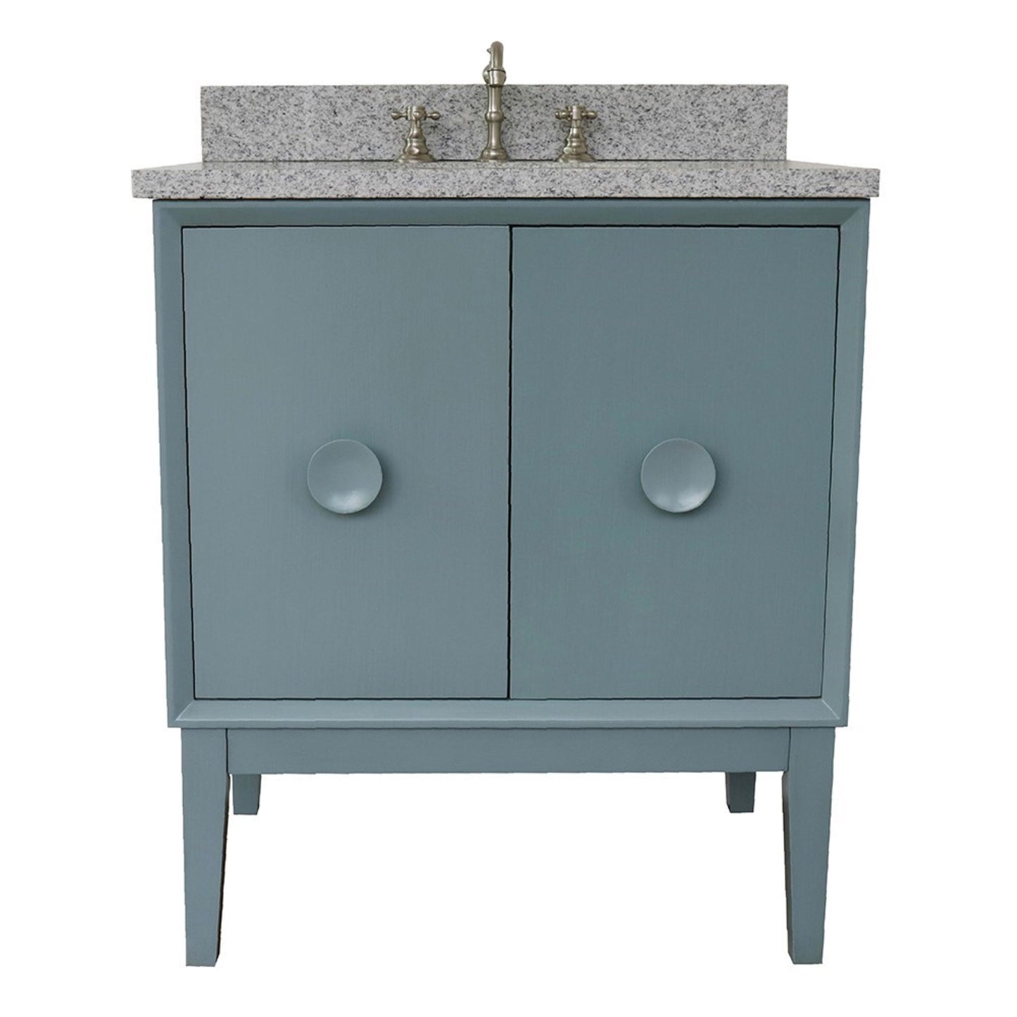 31" Single vanity in Aqua Blue finish with Gray granite top and oval sink
