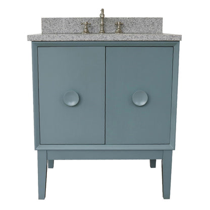 31" Single vanity in Aqua Blue finish with Gray granite top and oval sink