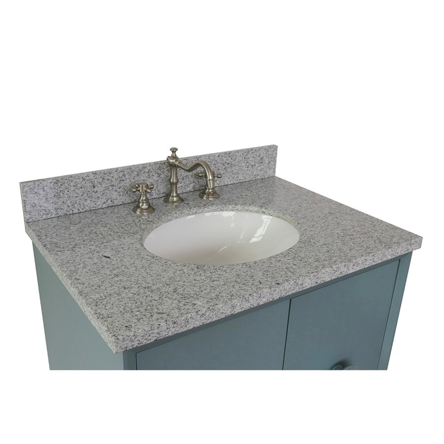 31" Single vanity in Aqua Blue finish with Gray granite top and oval sink