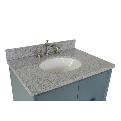 31" Single vanity in Aqua Blue finish with Gray granite top and oval sink
